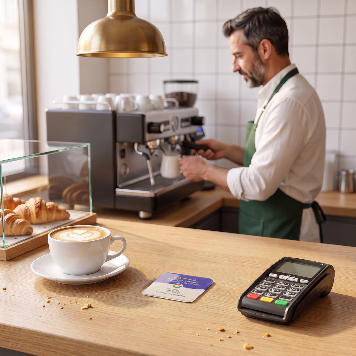 NFC-Karte für Google-Bewertungen auf einer Café-Theke neben Kartenterminal und Cappuccino | Deutsch