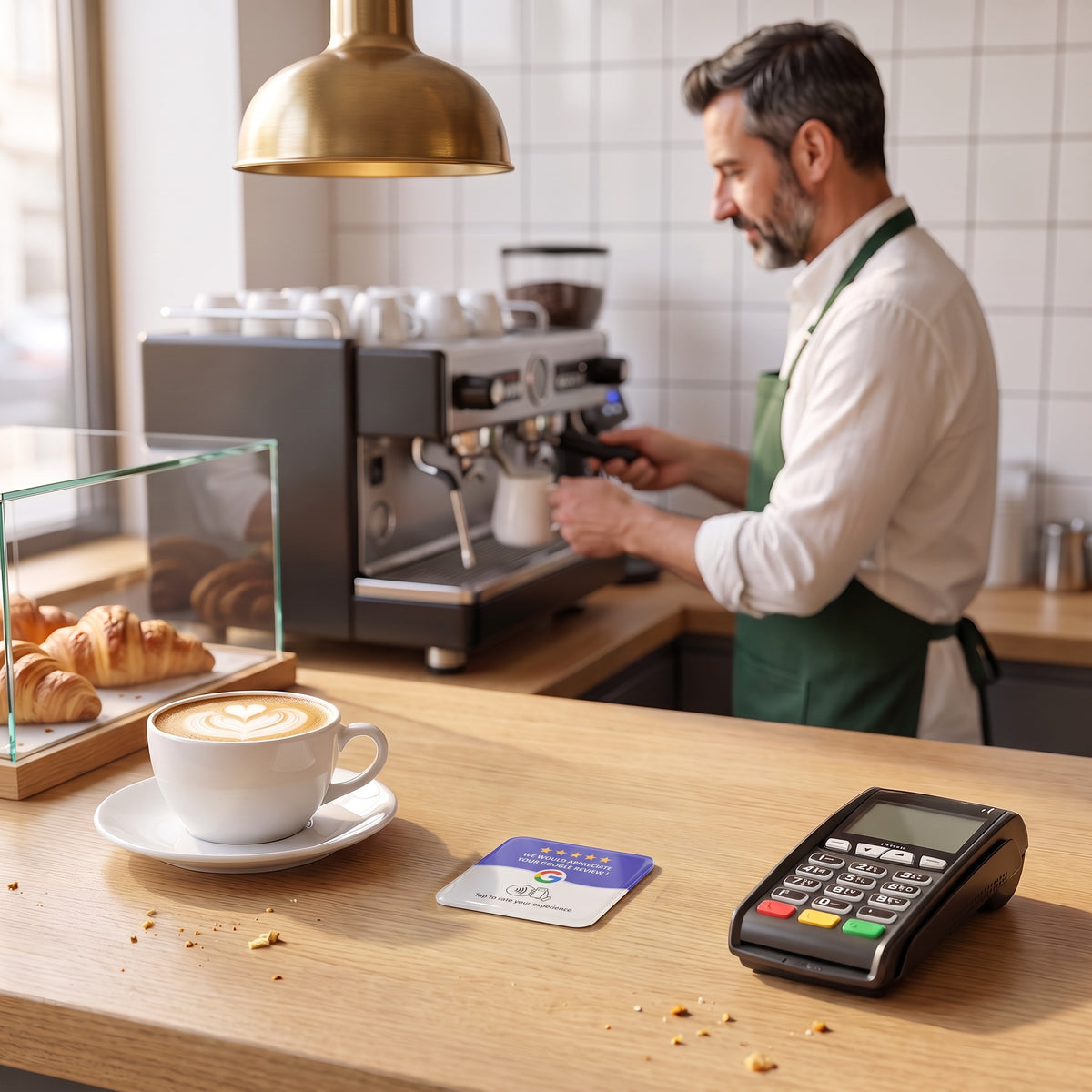 NFC-Karte für Google-Bewertungen auf einer Café-Theke neben Kartenterminal und Cappuccino | English