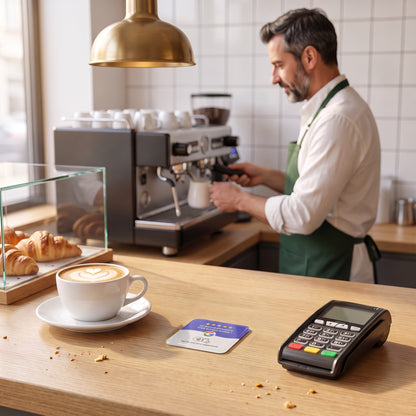 NFC-Karte für Google-Bewertungen auf einer Café-Theke neben Kartenterminal und Cappuccino | English