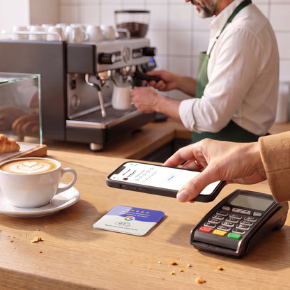 Handy wird an die NFC-Karte gehalten, auf dem Bildschirm öffnet sich das Bewertungsformular | English