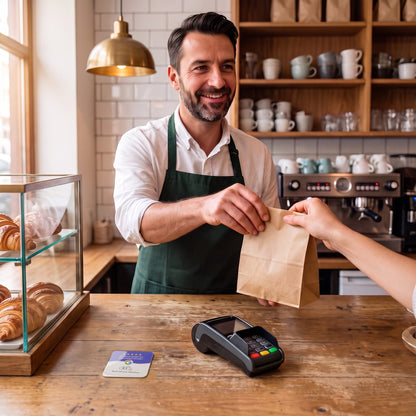 Café-Inhaber reicht eine Tüte über die Theke, davor liegt die NFC-Karte | English