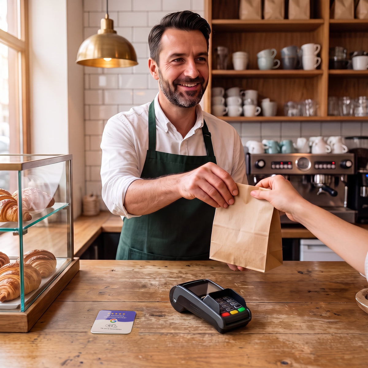 Café-Inhaber reicht eine Tüte über die Theke, davor liegt die NFC-Karte | Nederlands