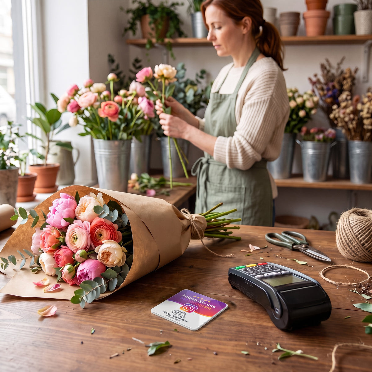NFC-Karte für Instagram auf der Theke eines Blumenladens | Deutsch