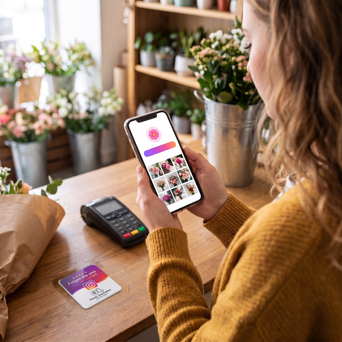 Kundin öffnet am Handy ein Instagram-Profil im Blumenladen | Deutsch