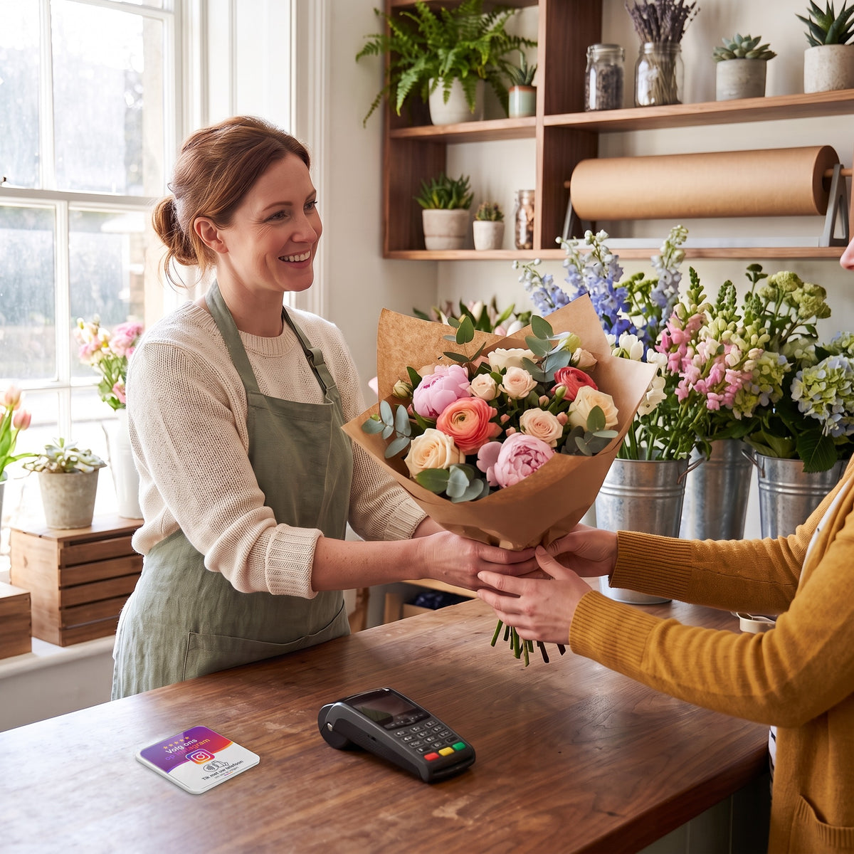 Floristin überreicht einen Blumenstrauß, auf der Theke liegt die NFC-Karte | Nederlands