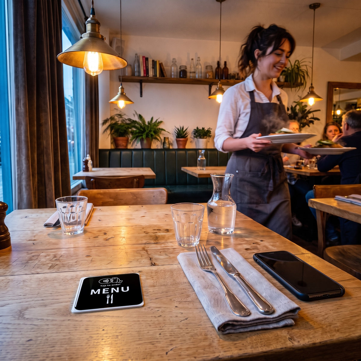 Speisekarten-NFC-Karte auf einem Restauranttisch neben Besteck und Handy | English