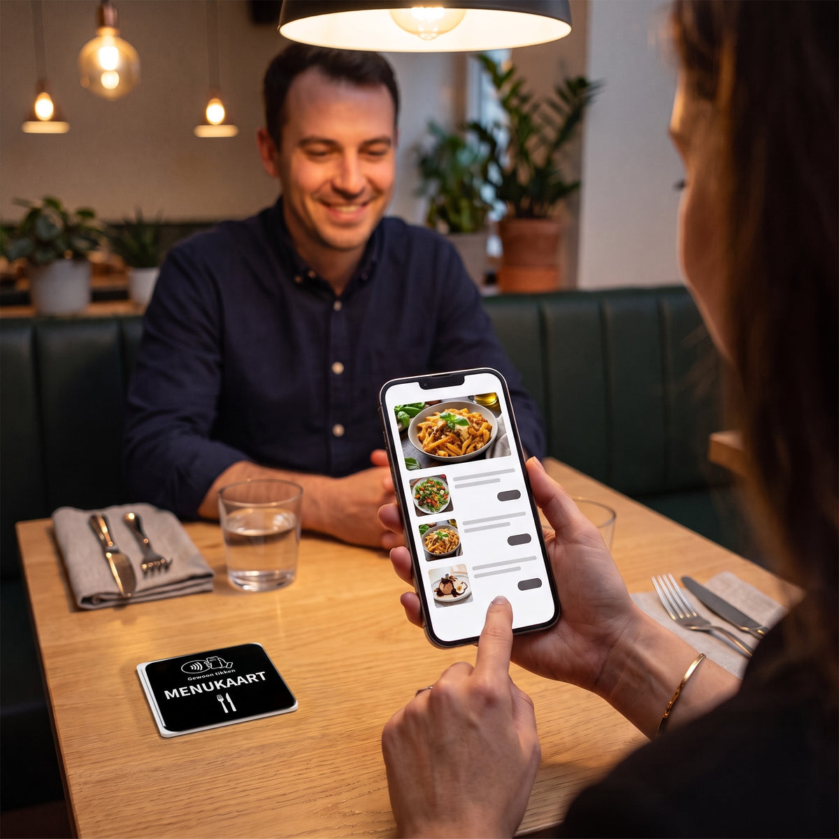 Gast sieht sich am Handy die Speisekarte an, die NFC-Karte liegt auf dem Tisch | Nederlands