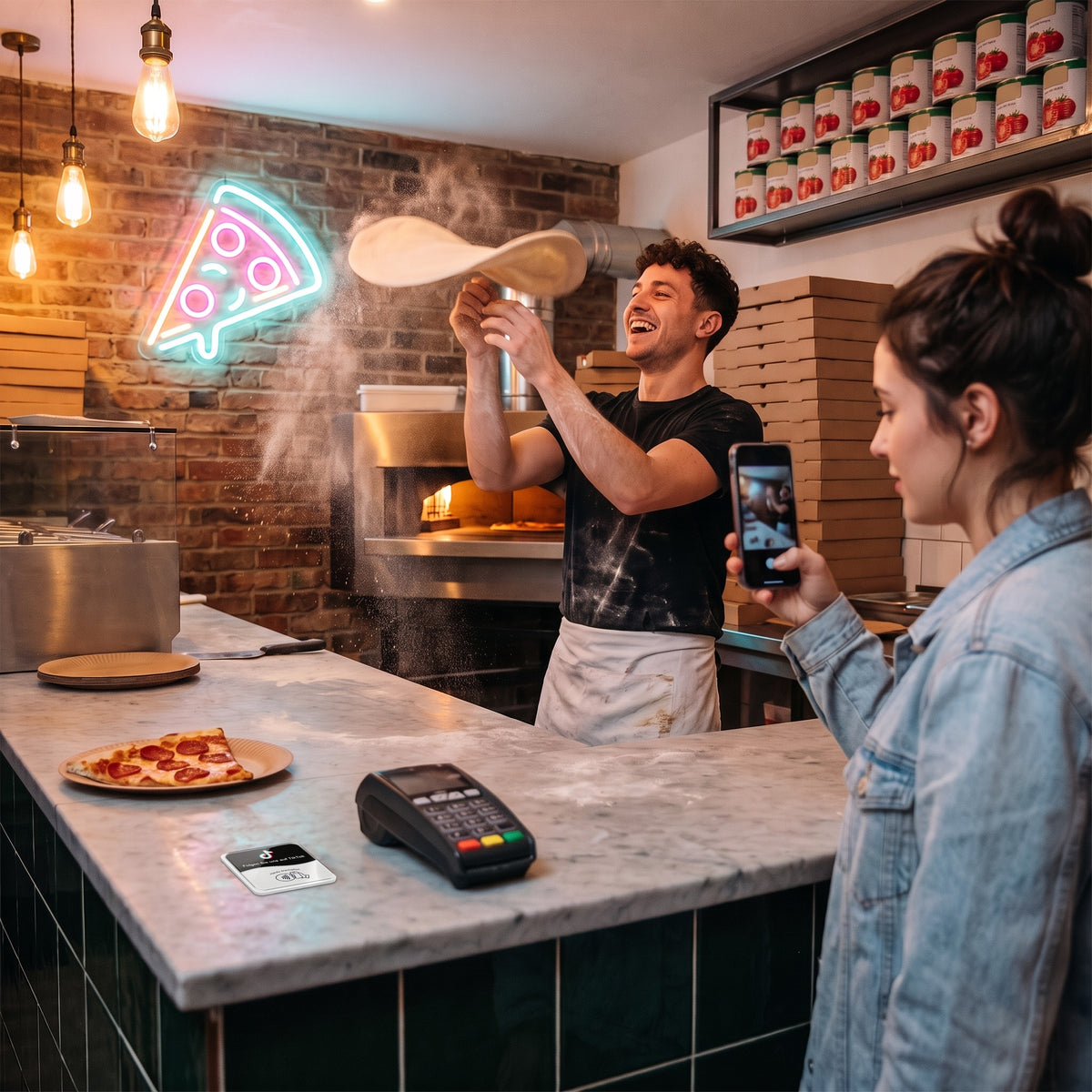 Pizzabäcker wirft Teig in die Luft, eine Kundin filmt, auf der Theke liegt die TikTok-NFC-Karte | Deutsch