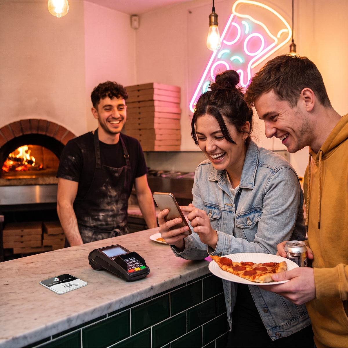 Gäste lachen in der Pizzeria über ein Video am Handy, die NFC-Karte liegt auf der Theke | Deutsch