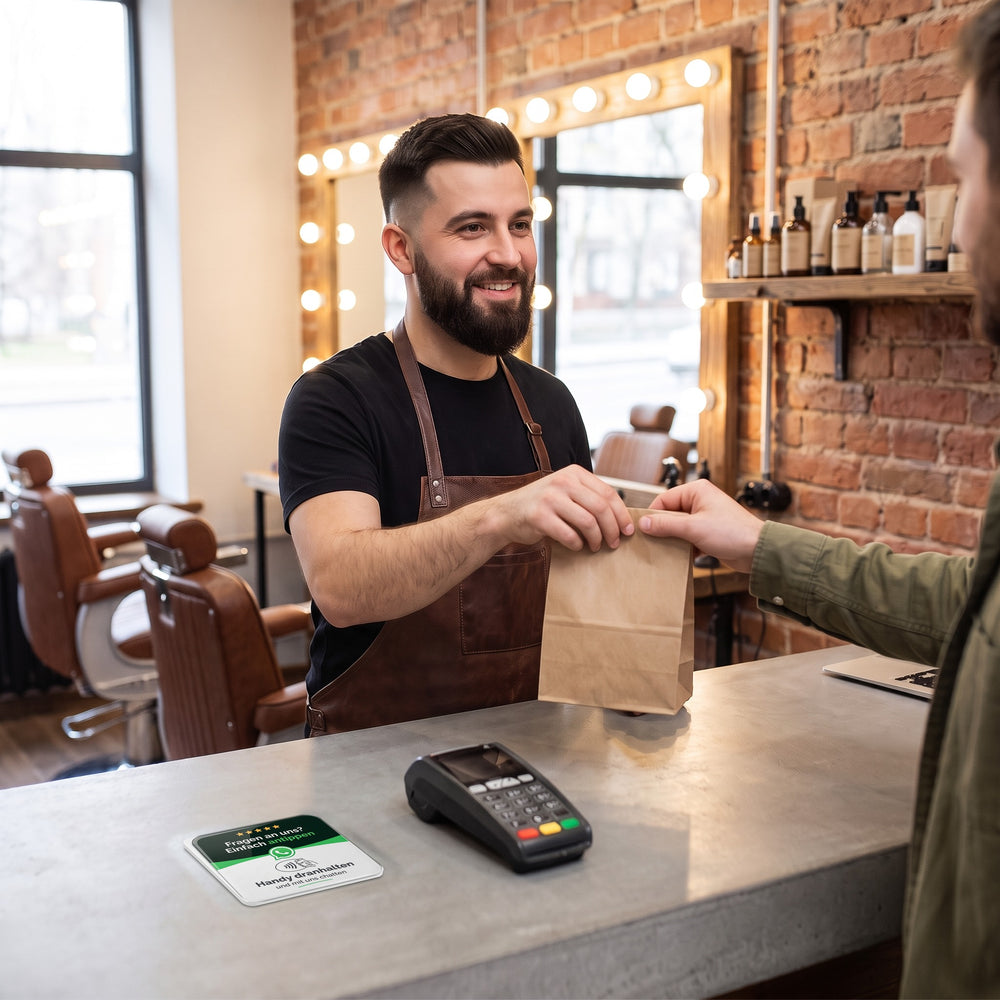 Barbier reicht eine Tüte über den Tresen, davor liegt die WhatsApp-NFC-Karte | Deutsch